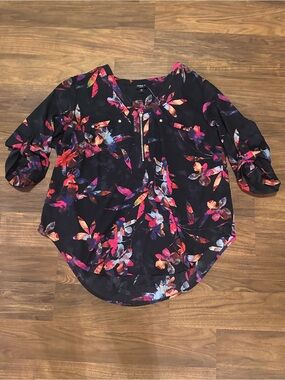 torrid Black Floral Zip-Pullover Blouse with Pink & Coral Accents